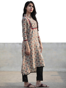 Beige Red Black Indigo Hand Printed Ajrakh Kurta With Stand Collar - K47F1197
