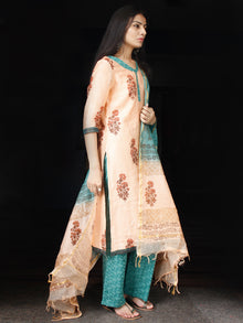 Peach Teal Blue Chanderi Block Printed Suit Set - Set of 3  - SS01F001