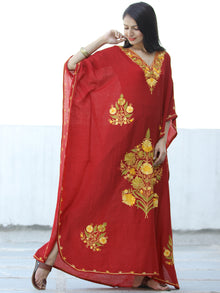 Red Yellow Aari Embroidered Long Kashmere Free Size Kaftan in Crushed Cotton - K11K051
