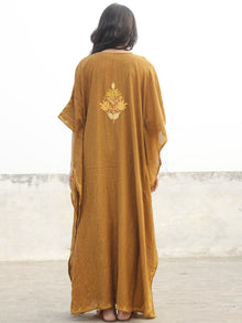 Peanut Brown Aari Embroidered Long Kashmere Free Size Kaftan in Crushed Cotton - K11K001