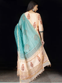 Peach Teal Blue Chanderi Block Printed Suit Set - Set of 3  - SS01F001