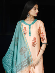 Peach Teal Blue Chanderi Block Printed Suit Set - Set of 3  - SS01F001