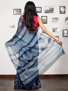 Indigo Ivory Hand Shibori Dyed Kota Doria Saree in Natural Colors - S031702846