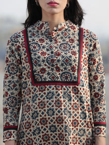 Beige Red Black Indigo Hand Printed Ajrakh Kurta With Stand Collar - K47F1197