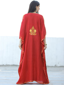 Red Yellow Aari Embroidered Long Kashmere Free Size Kaftan in Crushed Cotton - K11K051
