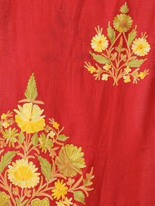 Red Yellow Aari Embroidered Long Kashmere Free Size Kaftan in Crushed Cotton - K11K051