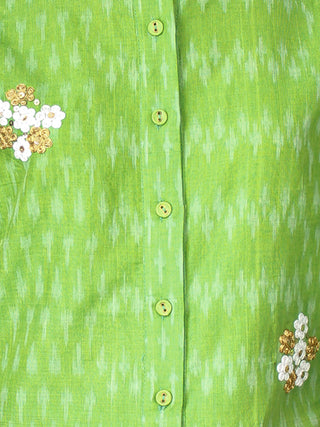 Parrot Green Hand Woven Ikat Embroidered Kurta & Pants (Set of 2) - SS01F1746