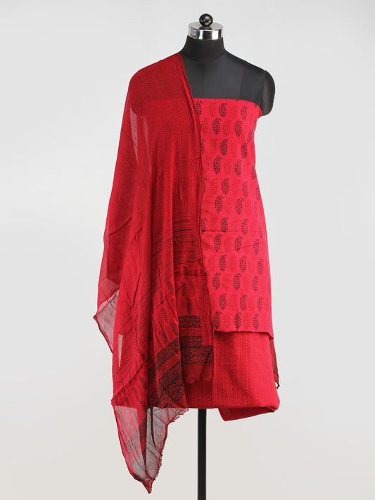 Magenta Black Red Bagh Hand Block Printed Cotton Suit-Salwar Fabric With Chiffon Dupatta (Set of 3) - SU01HB413