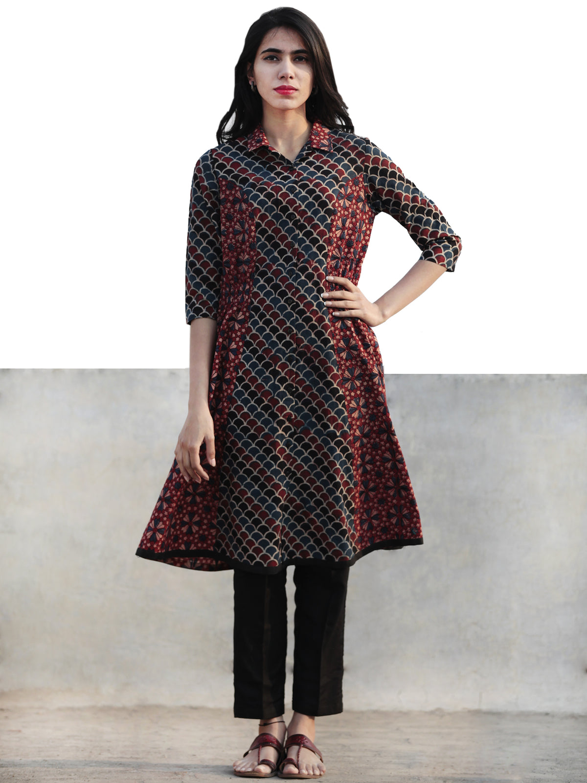 Cherry Red Black Indigo Hand Printed Ajrakh Kurta With Collar - K55F1184