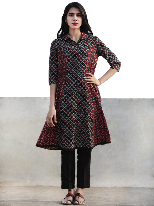 Cherry Red Black Indigo Hand Printed Ajrakh Kurta With Collar - K55F1184