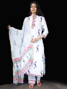 White Blue Coral Cotton Block Printed Suit - Set of 3 - SS01F010