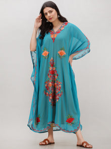 Sky Blue Multicolor Aari Embroidered Kashmere Free Size Georgette Kaftan  - K12K006