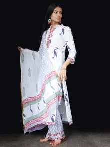 White Blue Coral Cotton Block Printed Suit - Set of 3 - SS01F010
