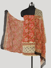 Red Beige Brown Hand Block Printed Cotton Suit-Salwar Fabric With Chiffon Dupatta (Set of 3) - SU01HB431