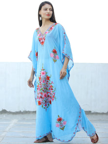 Sky Blue Red  Aari Embroidered Kashmere Free Size Kaftan in Crushed Cotton - K11K060