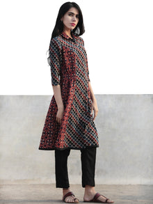 Cherry Red Black Indigo Hand Printed Ajrakh Kurta With Collar - K55F1184