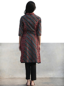 Cherry Red Black Indigo Hand Printed Ajrakh Kurta With Collar - K55F1184