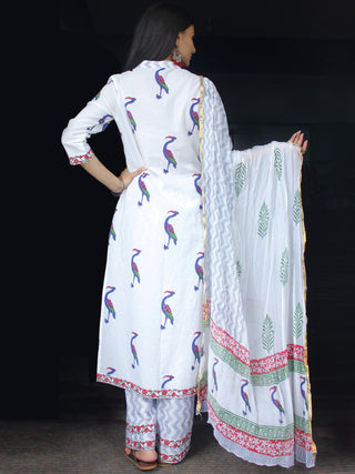 White Blue Coral Cotton Block Printed Suit - Set of 3 - SS01F010