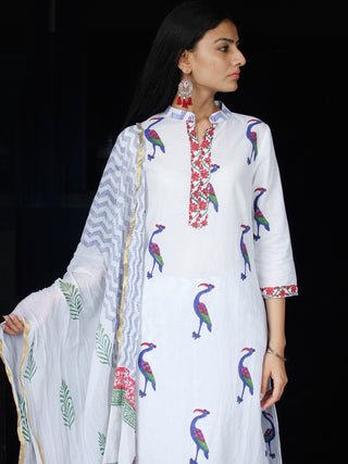 White Blue Coral Cotton Block Printed Suit - Set of 3 - SS01F010