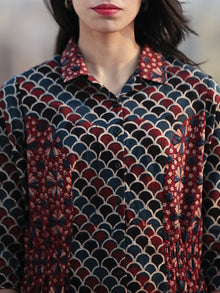 Cherry Red Black Indigo Hand Printed Ajrakh Kurta With Collar - K55F1184
