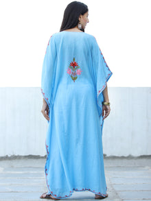 Sky Blue Red  Aari Embroidered Kashmere Free Size Kaftan in Crushed Cotton - K11K060