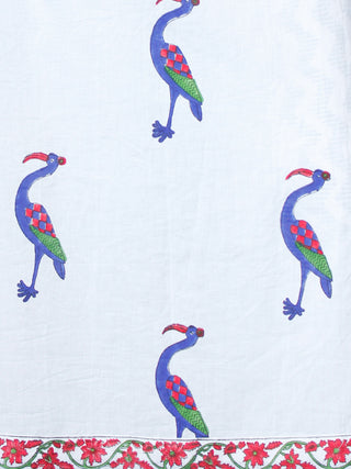 White Blue Coral Cotton Block Printed Suit - Set of 3 - SS01F010