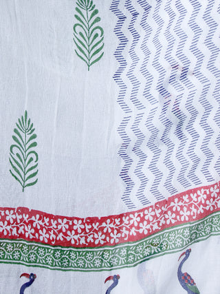 White Blue Coral Cotton Block Printed Suit - Set of 3 - SS01F010