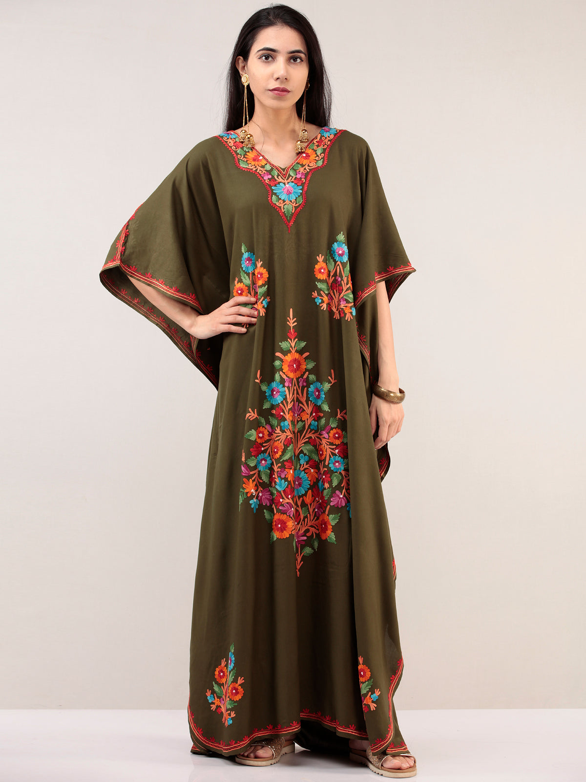 Mehndi Green Aari Embroidered Kashmere Free Size Kaftan  - K12K032