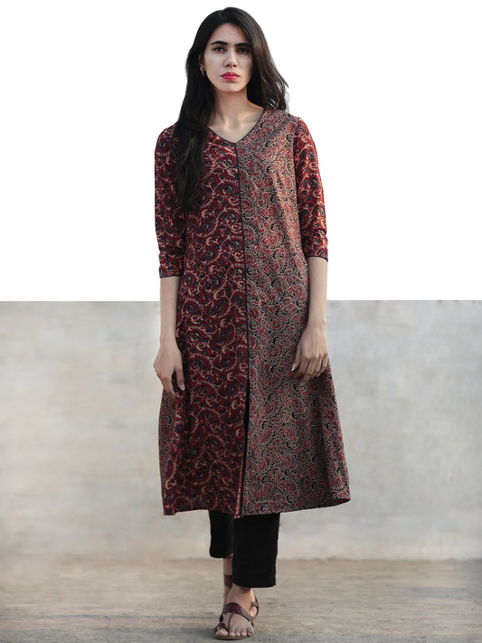 Marron Light Brown  Black Indigo Hand Printed Ajrakh Kurta - K56F1190