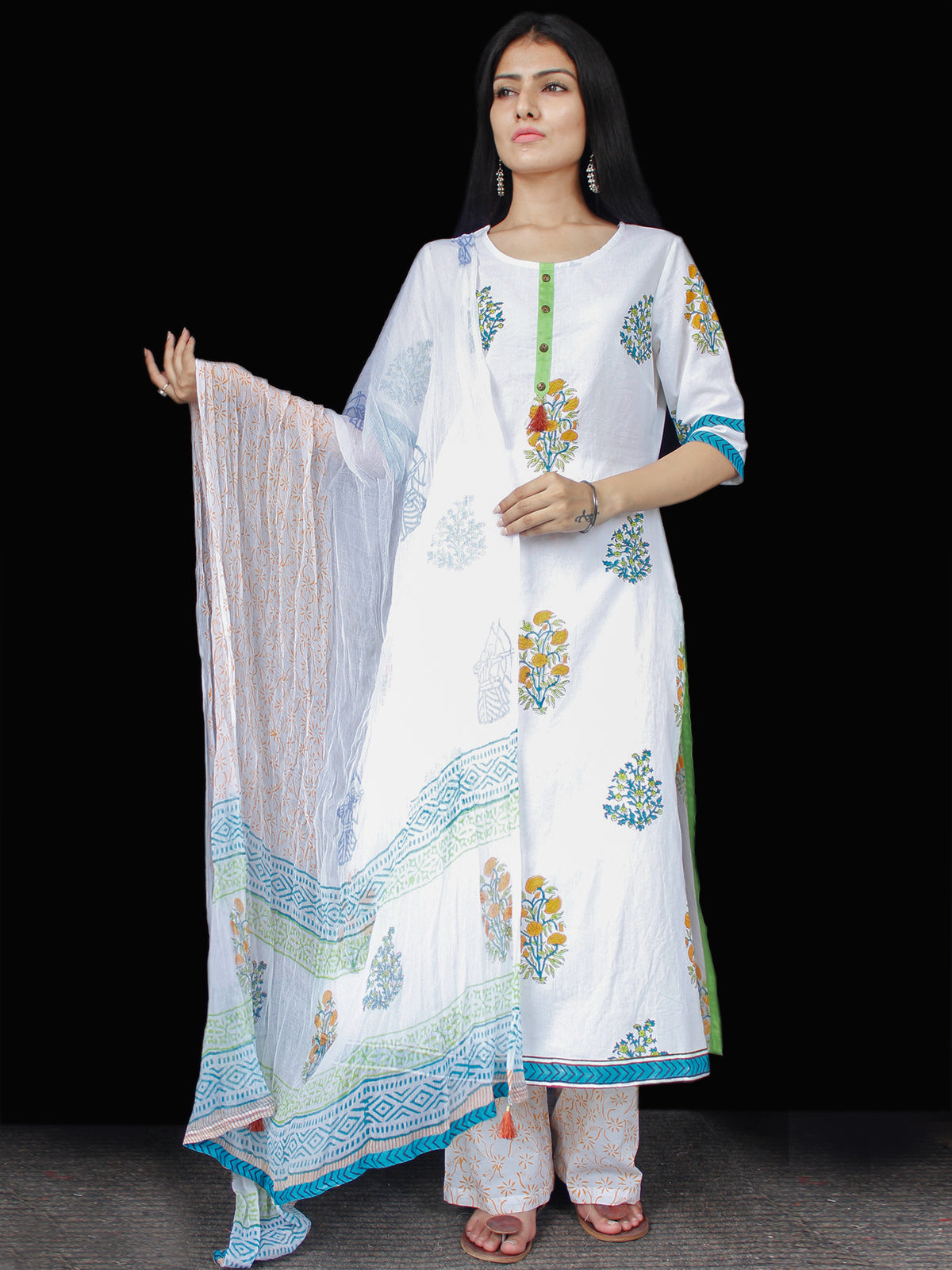 White Blue Green Yellow Cotton Block Printed Suit - Set of 3 - SS01F011
