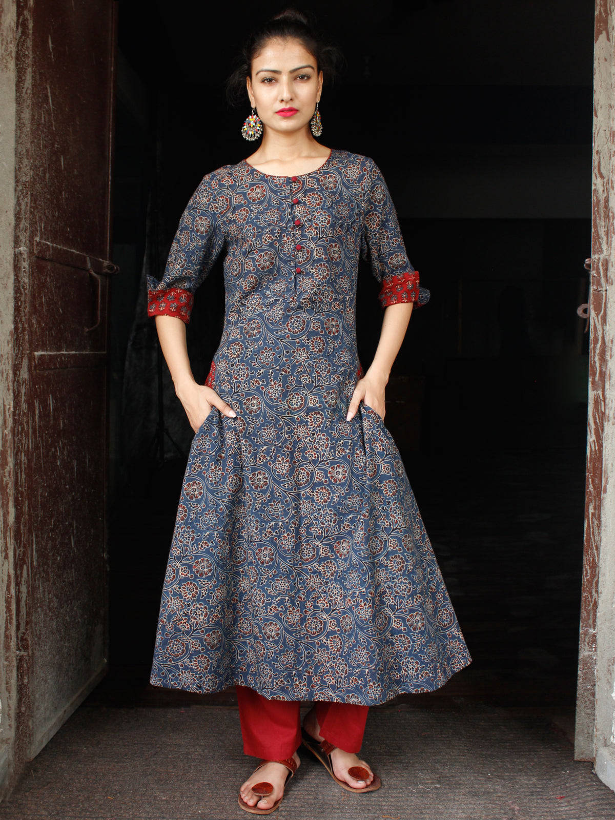 Indigo Maroon Hand Block Printed Cotton Long Ajrakh Kurta With Pockets - K158F1768