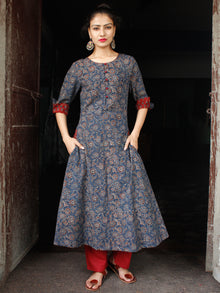 Indigo Maroon Hand Block Printed Cotton Long Ajrakh Kurta With Pockets - K158F1768