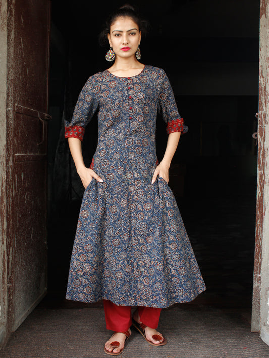 Indigo Maroon Hand Block Printed Cotton Long Ajrakh Kurta With Pockets - K158F1768