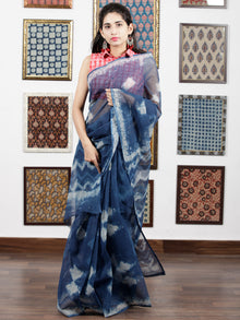 Indigo White Hand Block Printed Kota Doria Saree in Natural Colors - S031703092