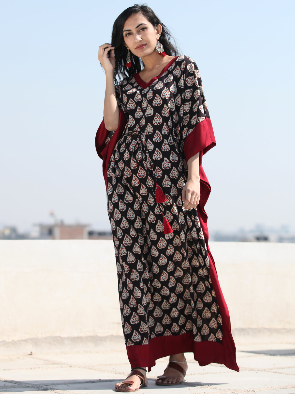 Black Maroon OffWhite Hand Block Printed Kaftan - K127F997