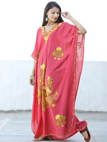 Coral Pink Yellow Aari Embroidered Kashmere Free Size Kaftan in Crushed Cotton - K11K061