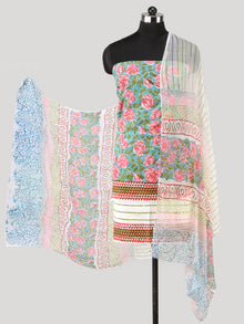 Sky Blue Pink Green Hand Block Printed Cotton Suit-Salwar Fabric With Chiffon Dupatta (Set of 3) - SU01HB432