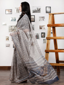 Kashish Ivory Blue Hand Block Printed Kota Doria Saree in Natural Colors - S031702856