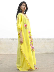 Bright Yellow with Multi color  Aari Embroidered Long Kashmere Free Size Kaftan in Crushed Cotton - K11K011