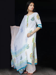 White Blue Green Yellow Cotton Block Printed Suit - Set of 3 - SS01F011