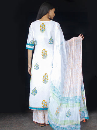 White Blue Green Yellow Cotton Block Printed Suit - Set of 3 - SS01F011