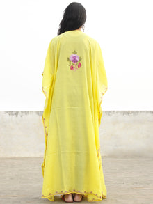 Bright Yellow with Multi color  Aari Embroidered Long Kashmere Free Size Kaftan in Crushed Cotton - K11K011