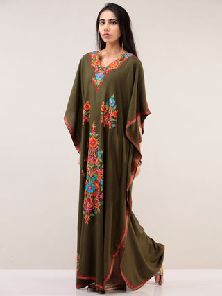 Mehndi Green Aari Embroidered Kashmere Free Size Kaftan  - K12K032