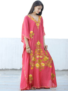 Coral Pink Yellow Aari Embroidered Kashmere Free Size Kaftan in Crushed Cotton - K11K061