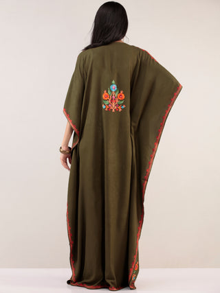 Mehndi Green Aari Embroidered Kashmere Free Size Kaftan  - K12K032