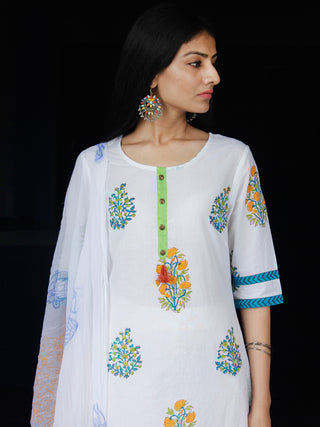 White Blue Green Yellow Cotton Block Printed Suit - Set of 3 - SS01F011