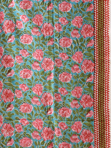 Sky Blue Pink Green Hand Block Printed Cotton Suit-Salwar Fabric With Chiffon Dupatta (Set of 3) - SU01HB432
