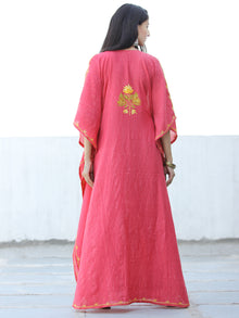Coral Pink Yellow Aari Embroidered Kashmere Free Size Kaftan in Crushed Cotton - K11K061
