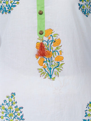 White Blue Green Yellow Cotton Block Printed Suit - Set of 3 - SS01F011