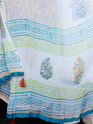 White Blue Green Yellow Cotton Block Printed Suit - Set of 3 - SS01F011